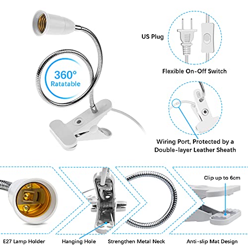 Aluminum Wire Neck Clip Light Socket 2-Pack Desk Clamp Lamp Holder Adjustable Light Stand With Switch 6.8ft Cable E26/E27 Clip Lamp Fixture I697519