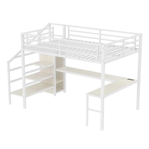 Queen Size White Wood Grain Metal Loft Bed with Desk and Wardrobe D574078