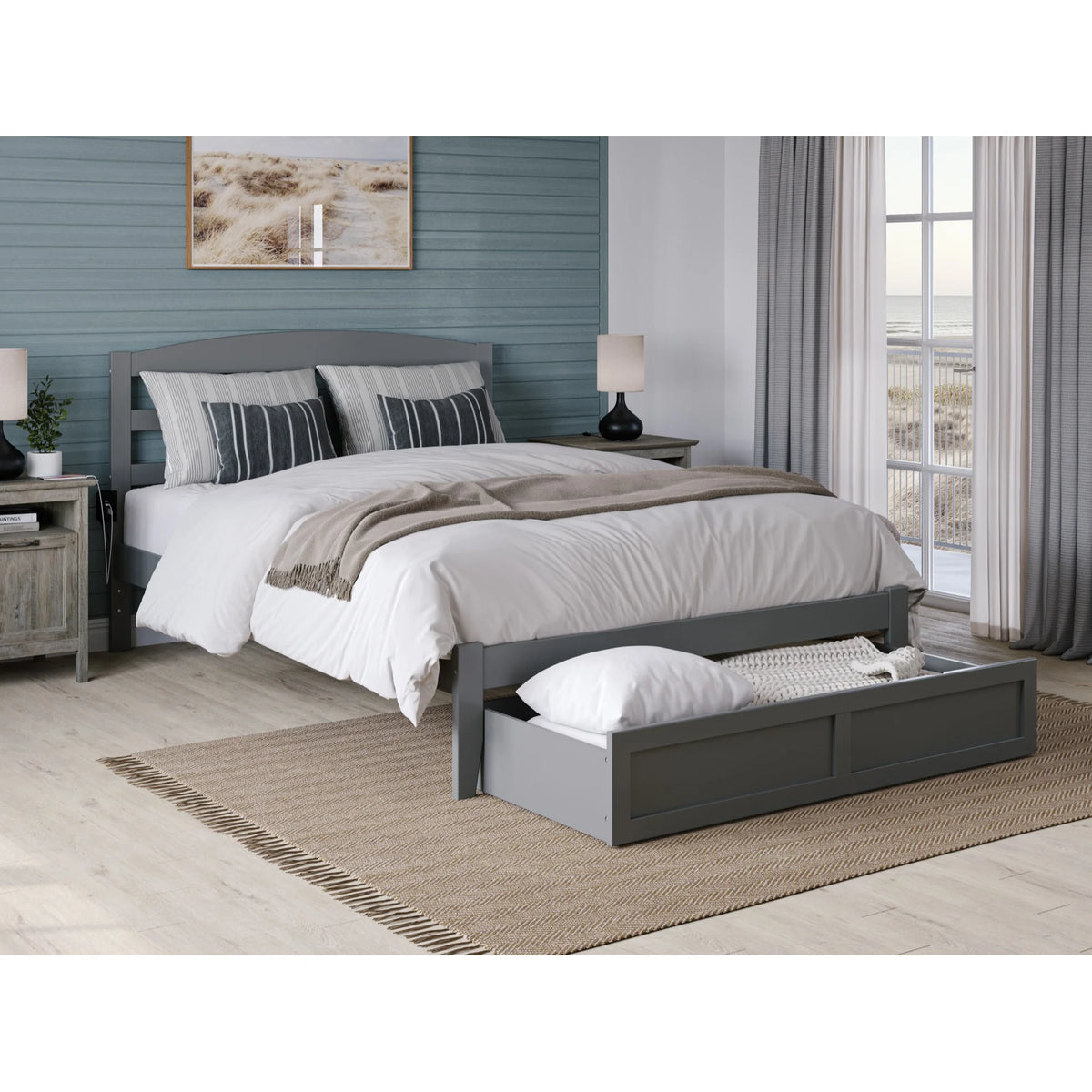 Solid Wood Full Bed with Drawer in Gray P802