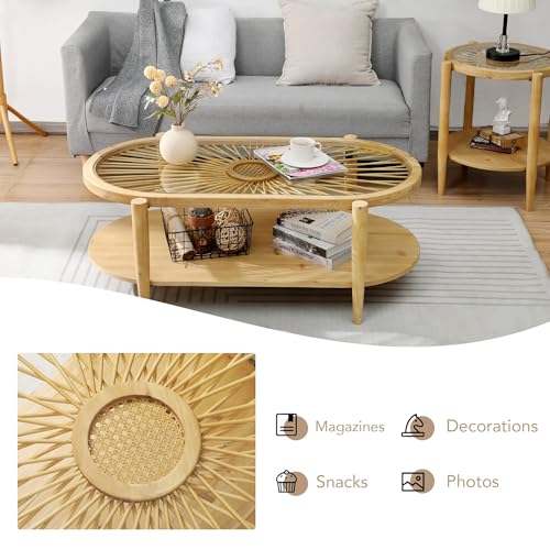 2-Tier Round Rattan Coffee Table with Tempered Glass Top and Wood Legs C881473