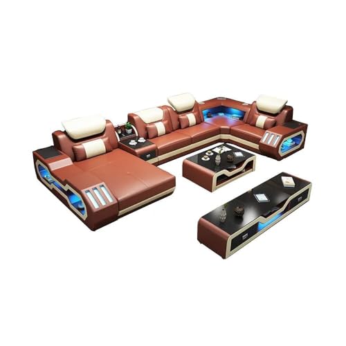 U-Shaped Leather Sofa with Bluetooth Speaker, USB, LED Light, Coffee Table and TV Stand Black/Warm White V9864