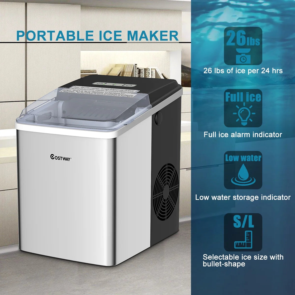 Stainless Steel Countertop Ice Maker with Scoop U963625