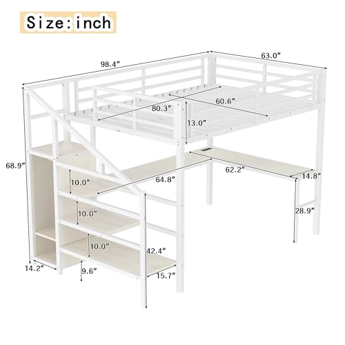 Queen Size White Wood Grain Metal Loft Bed with Desk and Wardrobe D574078