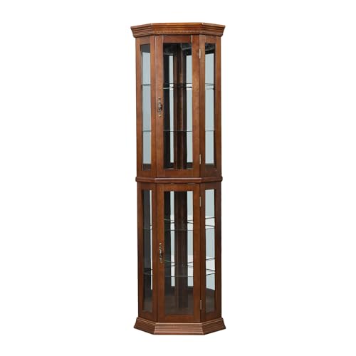 Walnut Wooden Corner Curio Cabinet with Adjustable Tempered Glass Shelves H143008