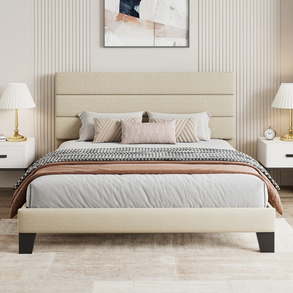 Full Size Platform Bed Frame with Upholstered Fabric Headboard F715534
