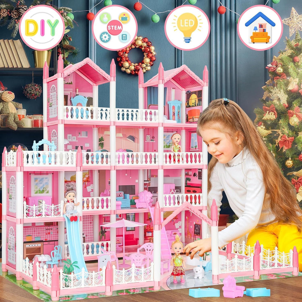 4-Story 15 Rooms Dollhouse with 3 Dolls, Lights, Furniture and Accessories A205280