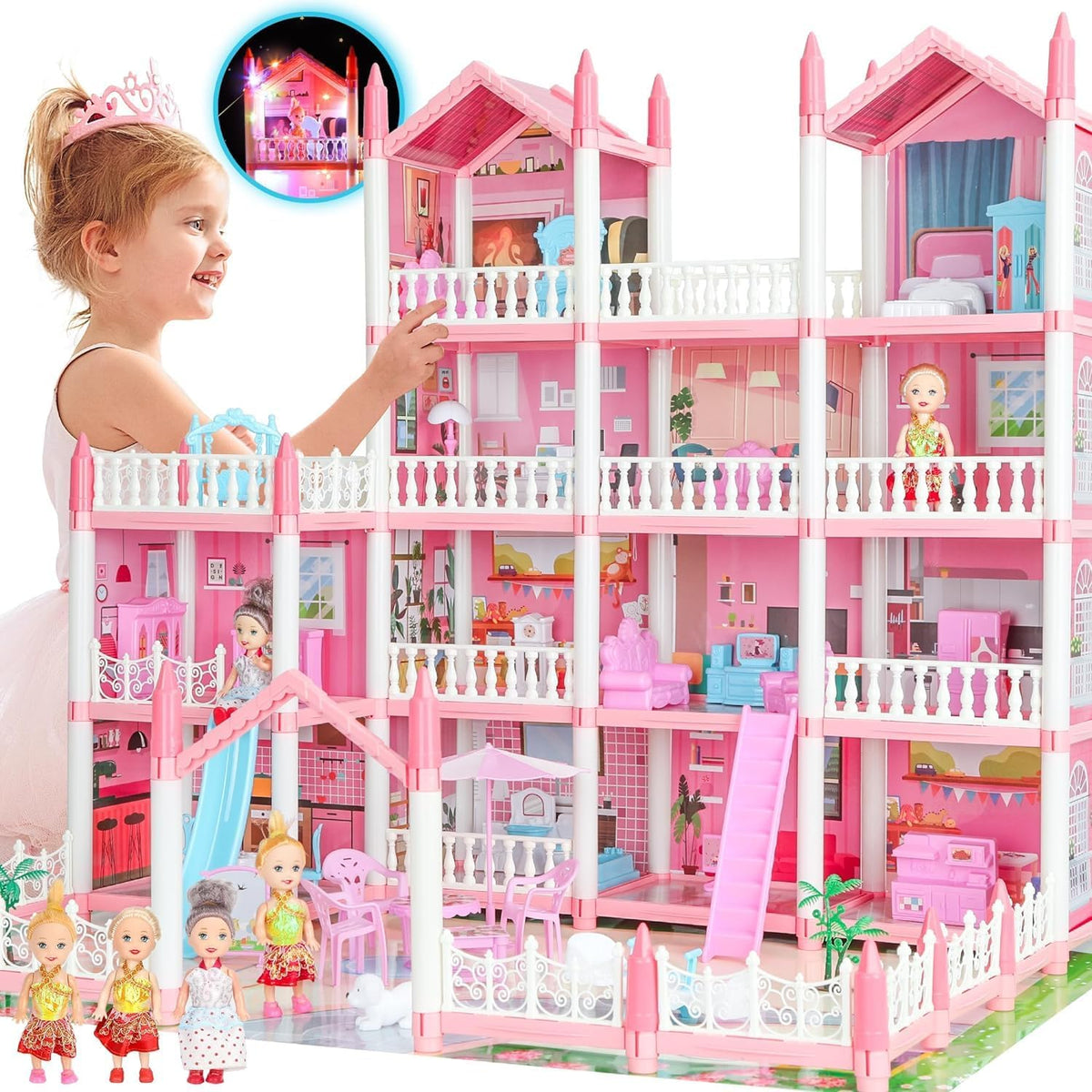 4-Story 15 Rooms Dollhouse with 3 Dolls, Lights, Furniture and Accessories A205280