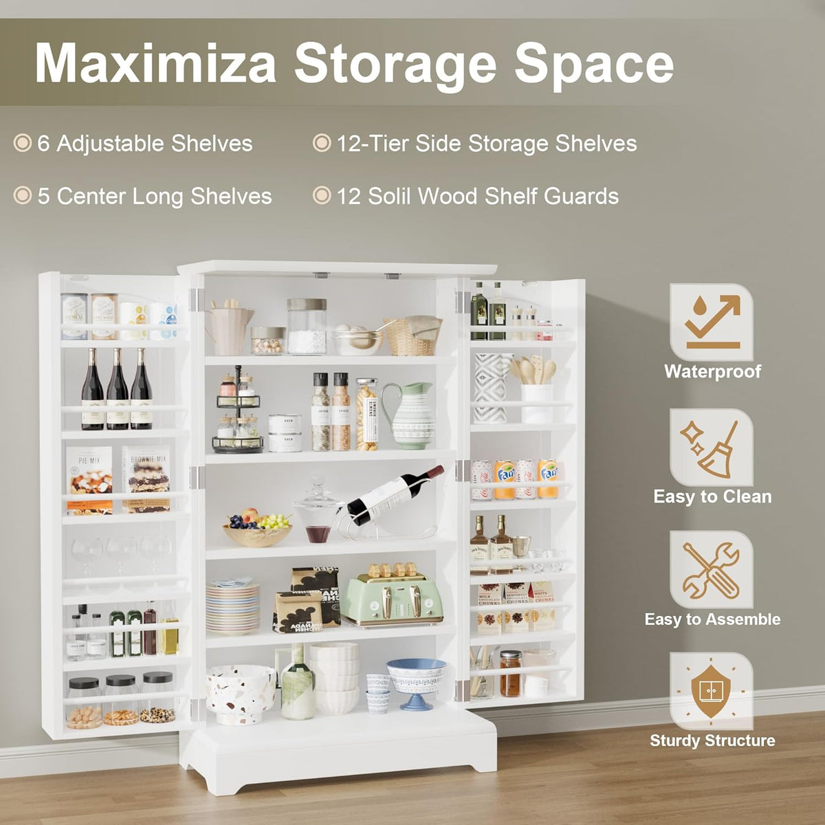 White Kitchen Pantry Storage Cabinet with Doors and Adjustable Shelves W457