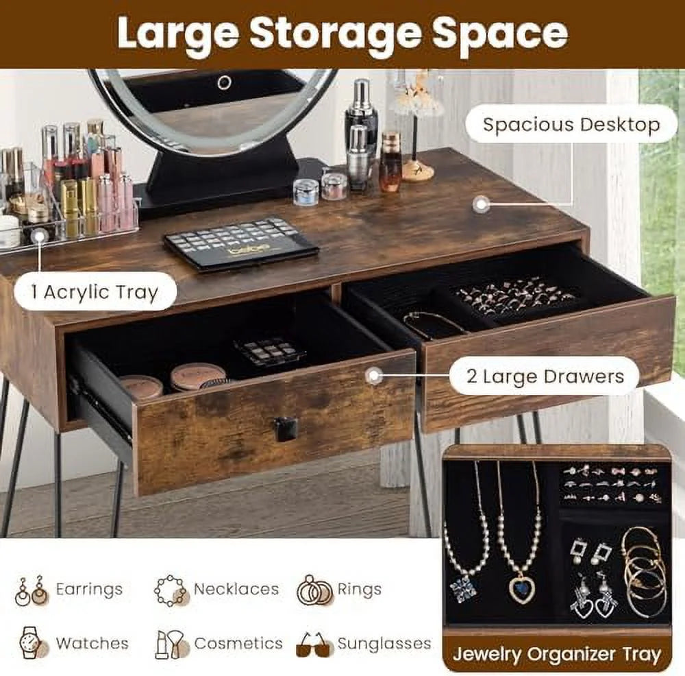Vanity Desk with Mirror and Lights Makeup Dressing Table Set with Stool Q418344
