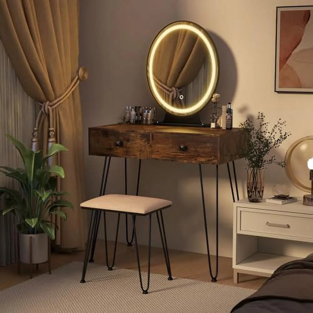 Vanity Desk with Mirror and Lights Makeup Dressing Table Set with Stool Q418344