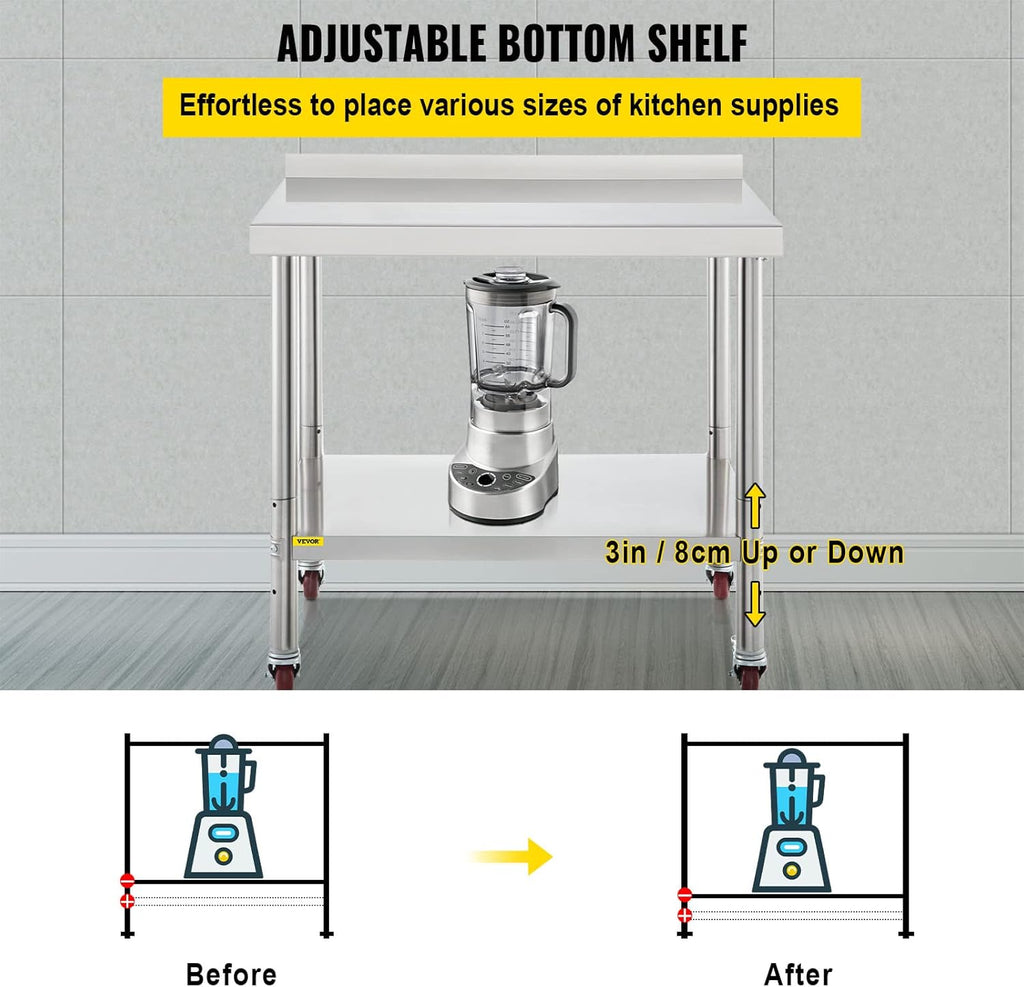 Stainless Steel Prep Table, 30 x 24 x 35 Inch, 440lbs Load Capacity, with Backsplash, Adjustable Undershelf & 4 Casters I8110