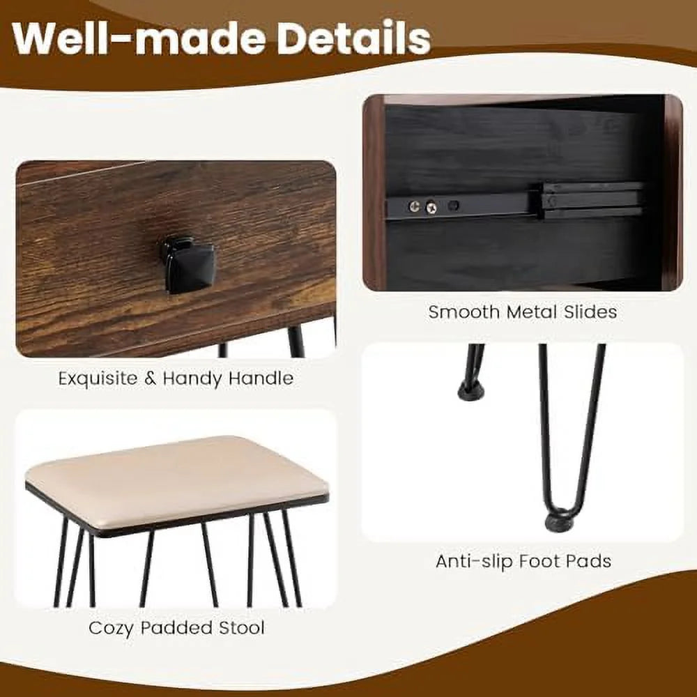 Vanity Desk with Mirror and Lights Makeup Dressing Table Set with Stool Q418344