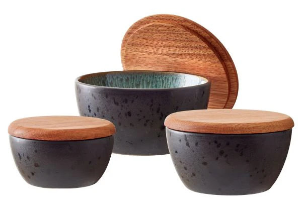 Stoneware Bowl With Lid Set 3 Pcs Black, Green Q9143