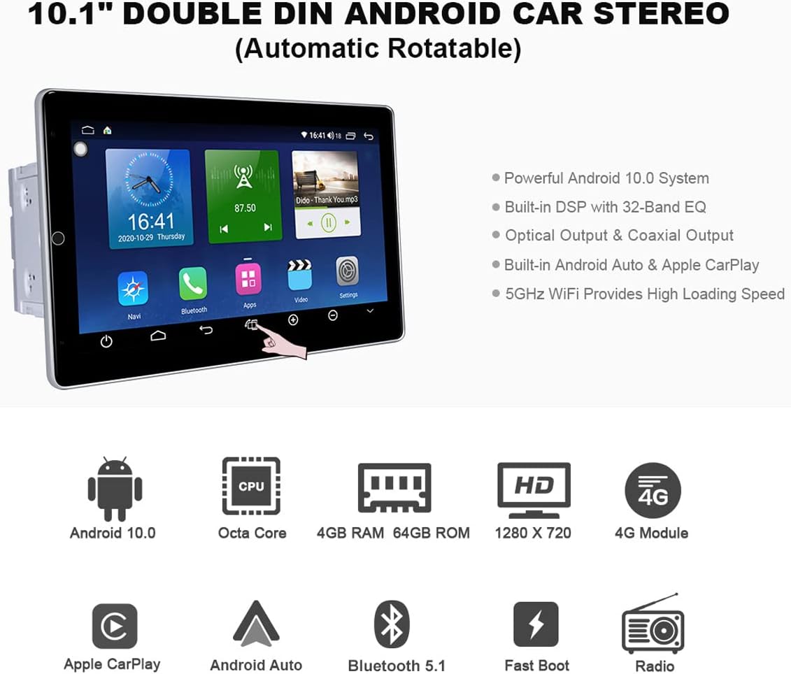 10.1 Inch Android Car Stereo Rotatable Touchscreen Double Din Car Radio F629