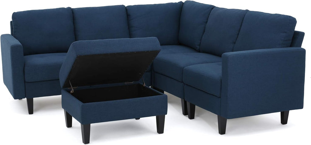 Dark Blue Fabric Sectional Couch with Storage Ottoman, 6-Pcs Set F686
