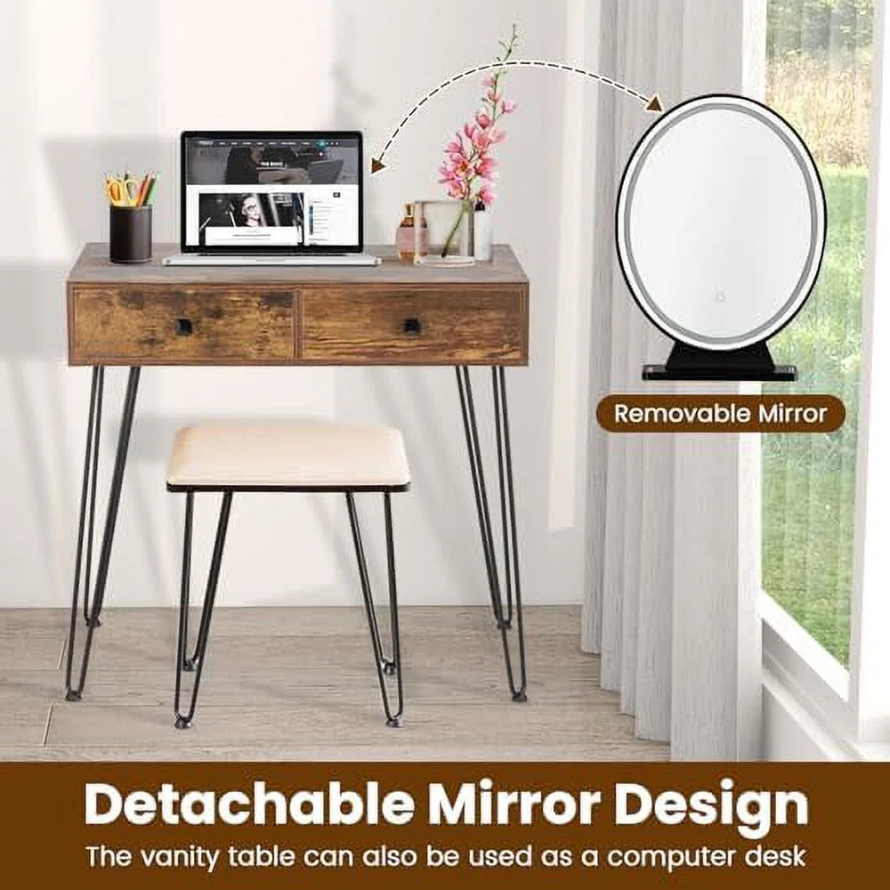 Vanity Desk with Mirror and Lights Makeup Dressing Table Set with Stool Q418344