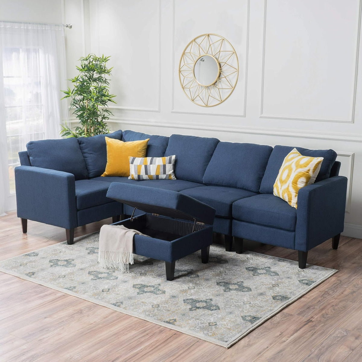 Dark Blue Fabric Sectional Couch with Storage Ottoman, 6-Pcs Set F686