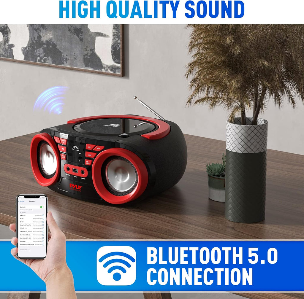 Red Black Portable CD Player Bluetooth Boombox Speaker W113726