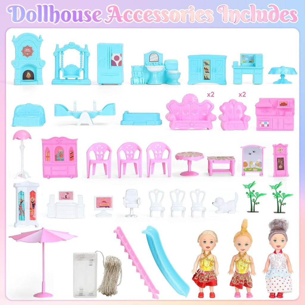 4-Story 15 Rooms Dollhouse with 3 Dolls, Lights, Furniture and Accessories A205280