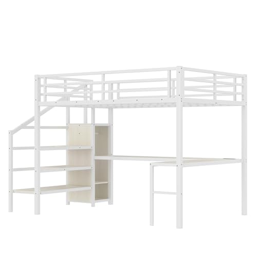 Queen Size White Wood Grain Metal Loft Bed with Desk and Wardrobe D574078