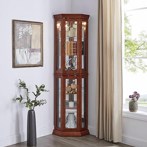 Walnut Wooden Corner Curio Cabinet with Adjustable Tempered Glass Shelves H143008