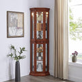 Walnut Wooden Corner Curio Cabinet with Adjustable Tempered Glass Shelves H143008