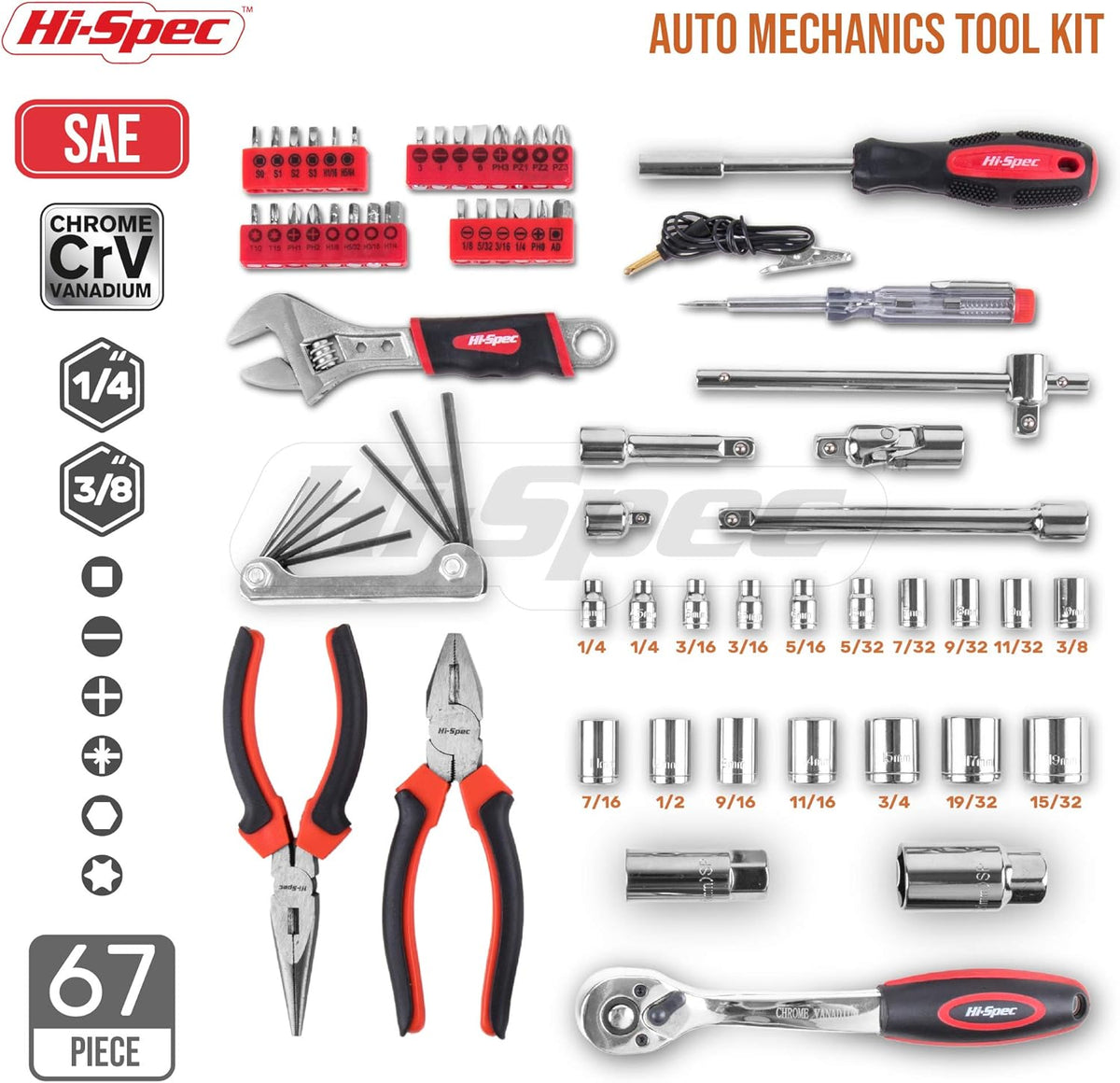 67 Piece Auto Mechanics Tool Kit with Metric Sockets, Ratchet Set & Tool Box E76659