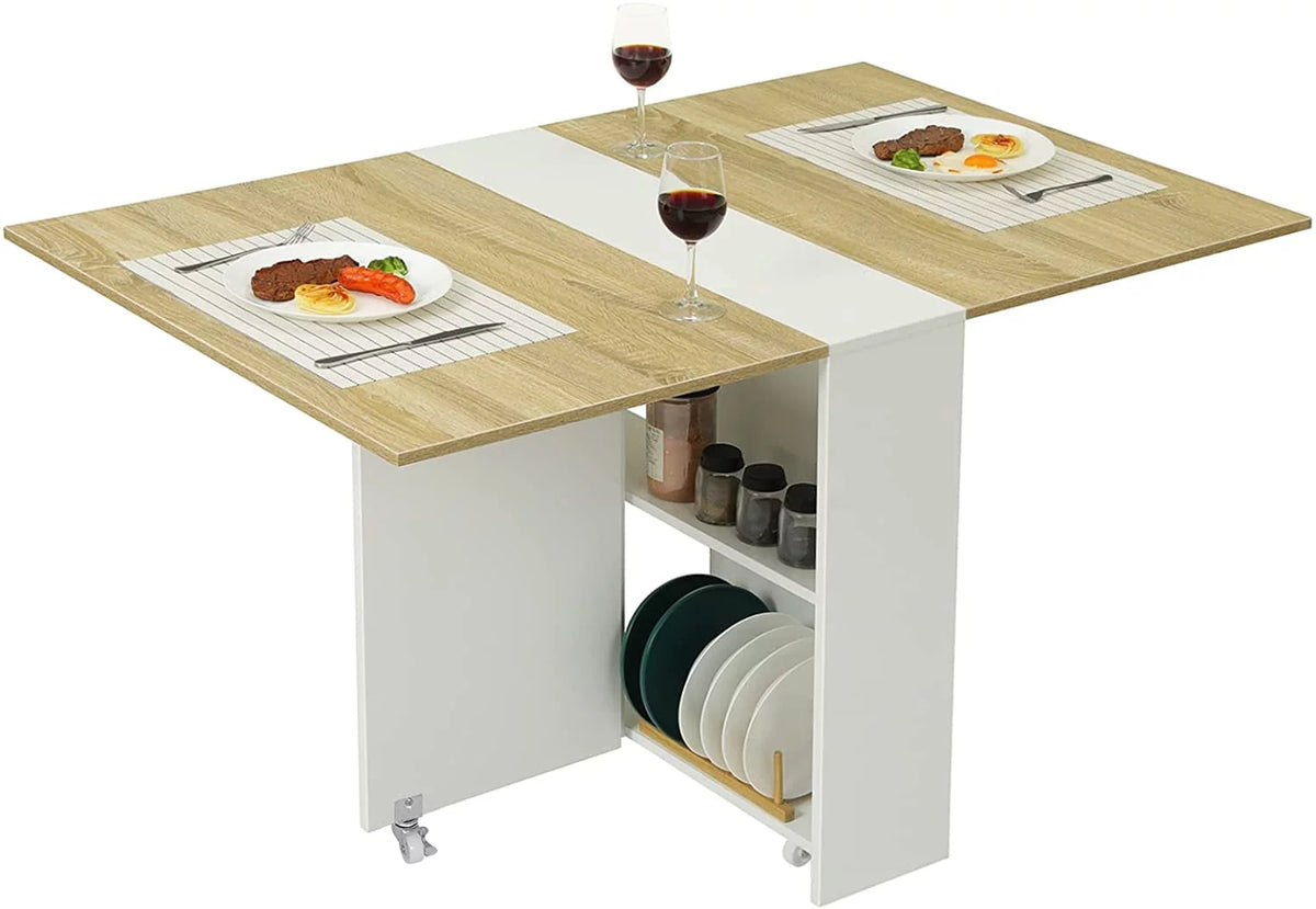 Folding Dining Table with 6 Wheels and 2 Storage Racks N908