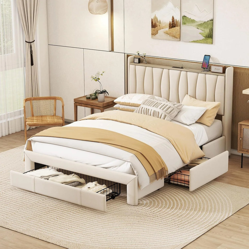 Wood Platform Bed Frame with 3 Drawers H910