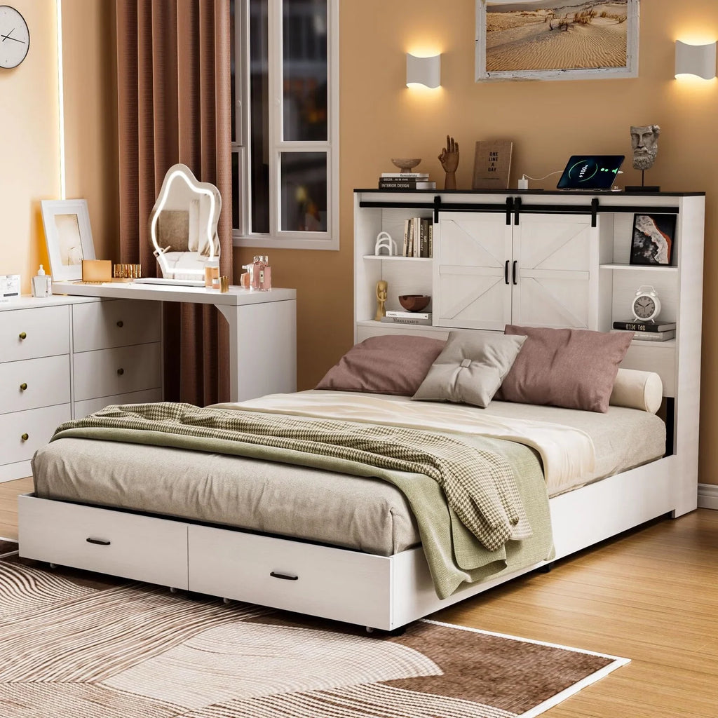 Queen Size Wooden Platform Bed Frame with Bookcase Headboard Q27990