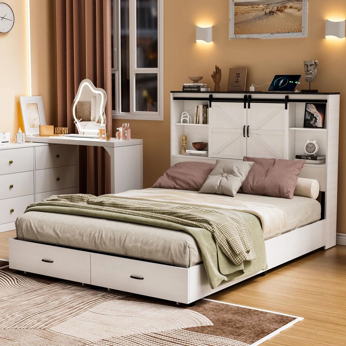 Queen Size Wooden Platform Bed Frame with Bookcase Headboard Q27990