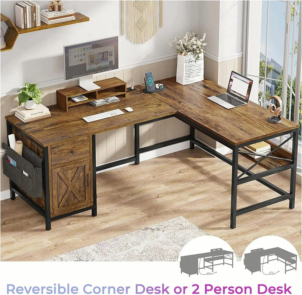 Rustic Brown L Shaped Computer Desk with Monitor Stand Storage Drawer Metal Wood 86.6”L x 19.7”W x 30”H H443