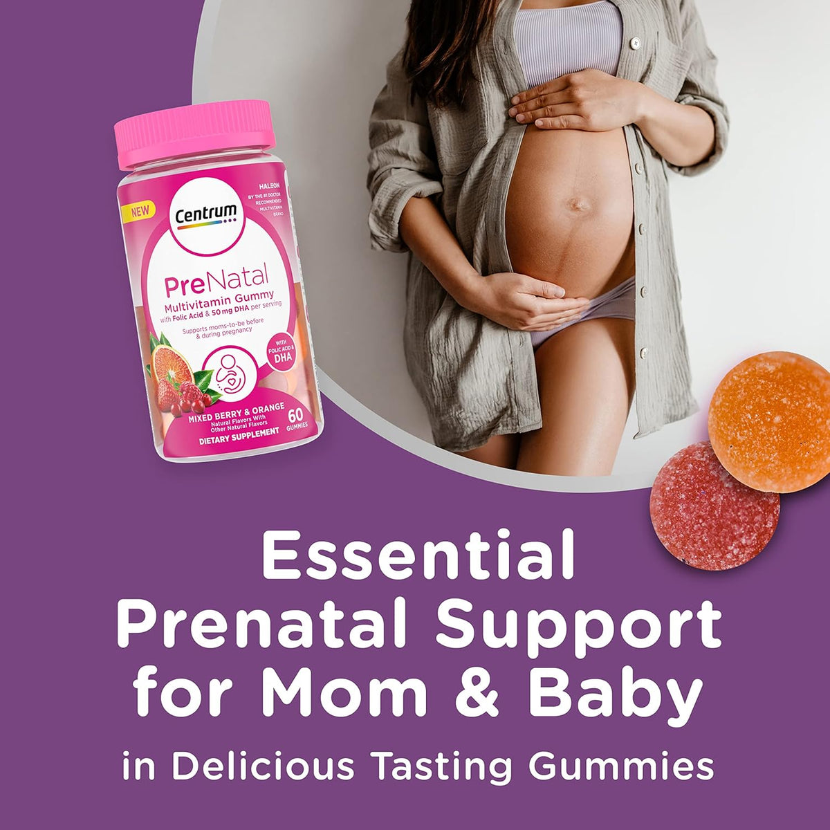 Prenatal Multivitamin Gummies with DHA and Folic Acid, Mixed Berry and Orange Flavors - 60 Count K7760
