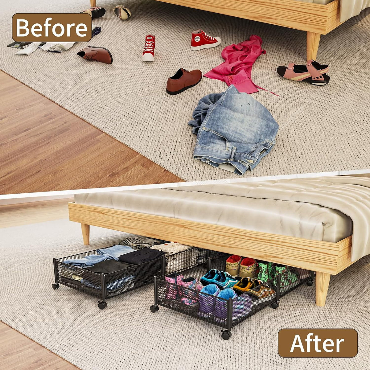 47.2'' Long Under Bed Storage on Wheels, 57.6L Large Capacity Foldable Drawers N64804