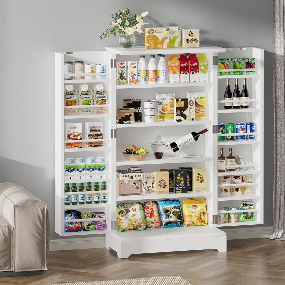White Kitchen Pantry Storage Cabinet with Doors and Adjustable Shelves W457