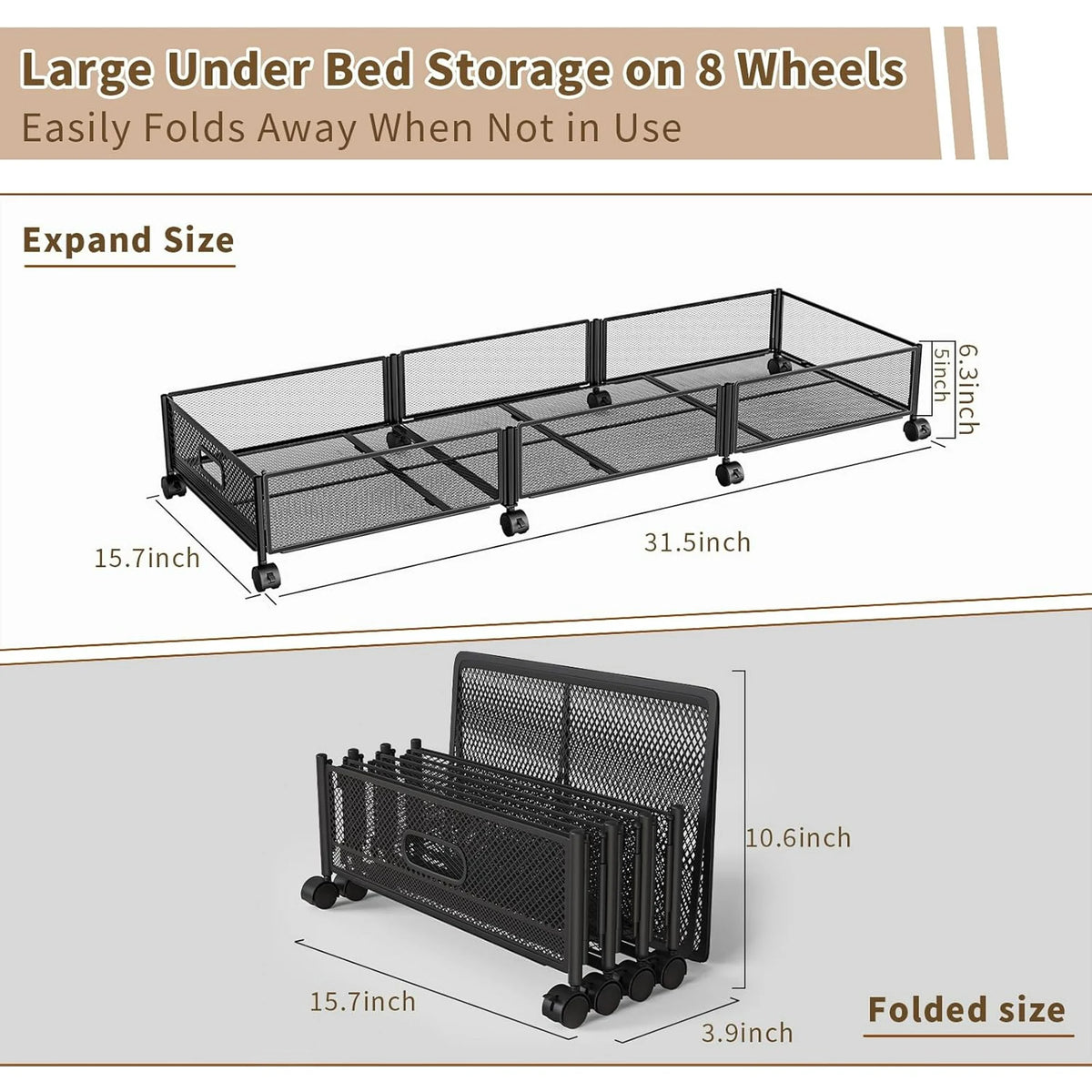 47.2'' Long Under Bed Storage on Wheels, 57.6L Large Capacity Foldable Drawers N64804