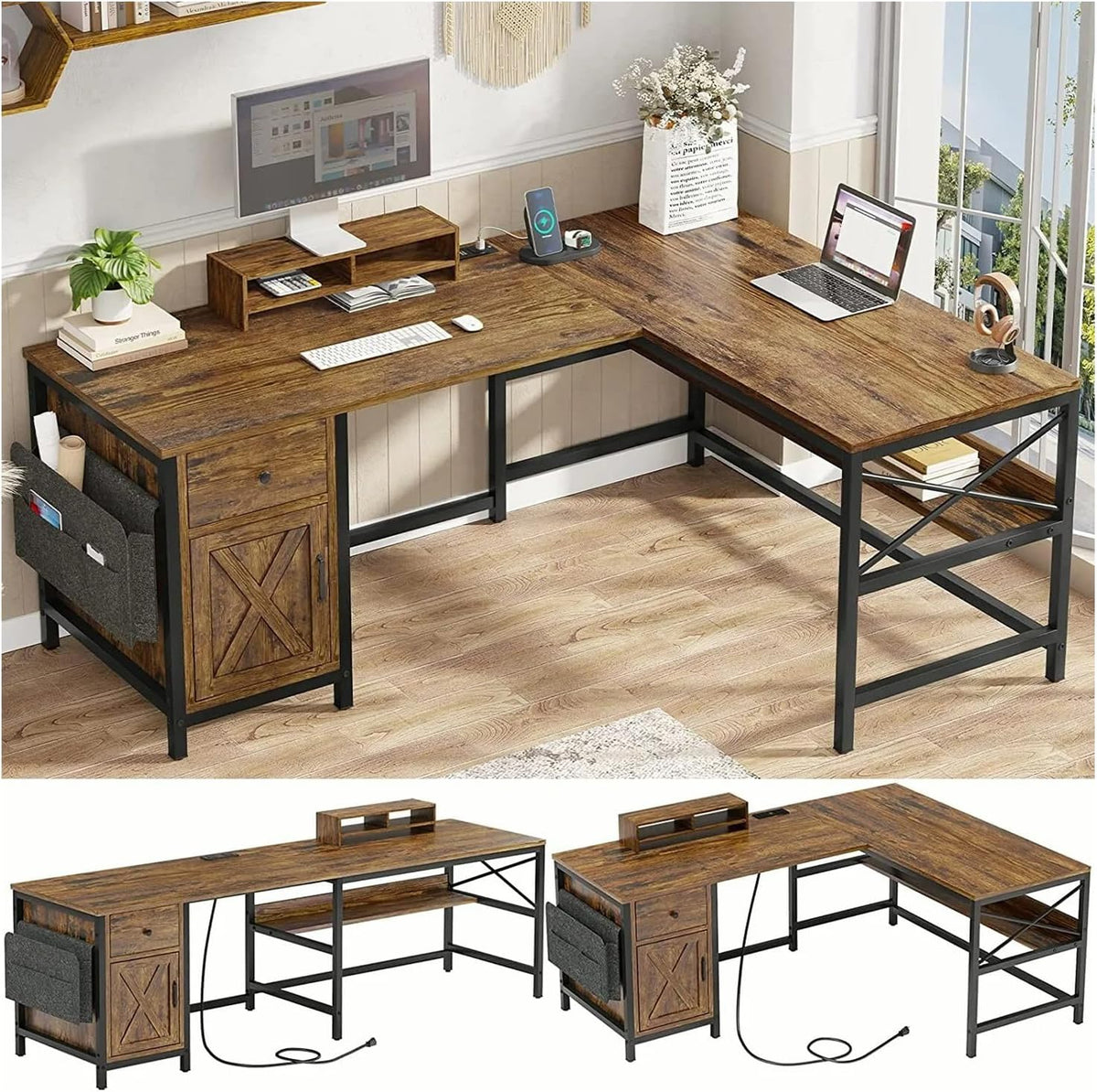 Rustic Brown L Shaped Computer Desk with Monitor Stand Storage Drawer Metal Wood 86.6”L x 19.7”W x 30”H H443