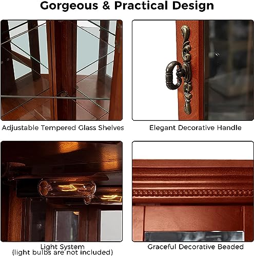 Walnut Wooden Corner Curio Cabinet with Adjustable Tempered Glass Shelves H143008