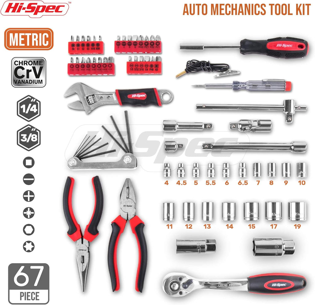 67 Piece Auto Mechanics Tool Kit with Metric Sockets, Ratchet Set & Tool Box E76659