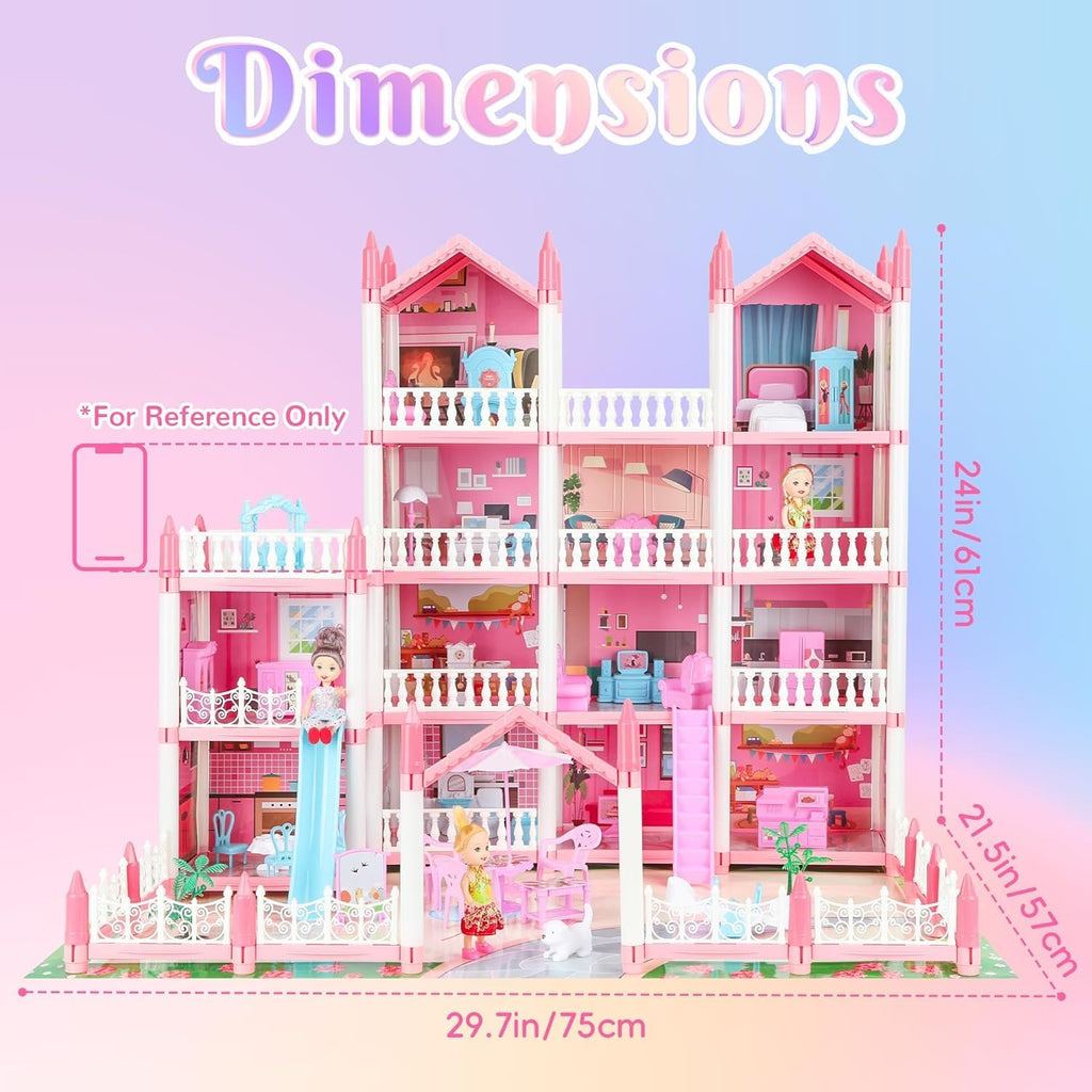 4-Story 15 Rooms Dollhouse with 3 Dolls, Lights, Furniture and Accessories A205280