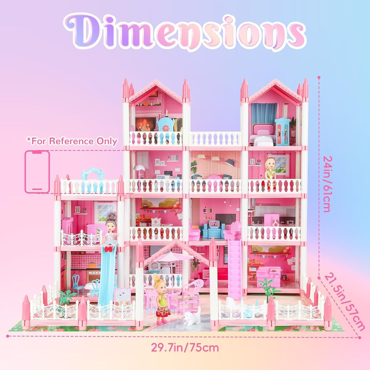 4-Story 15 Rooms Dollhouse with 3 Dolls, Lights, Furniture and Accessories A205280
