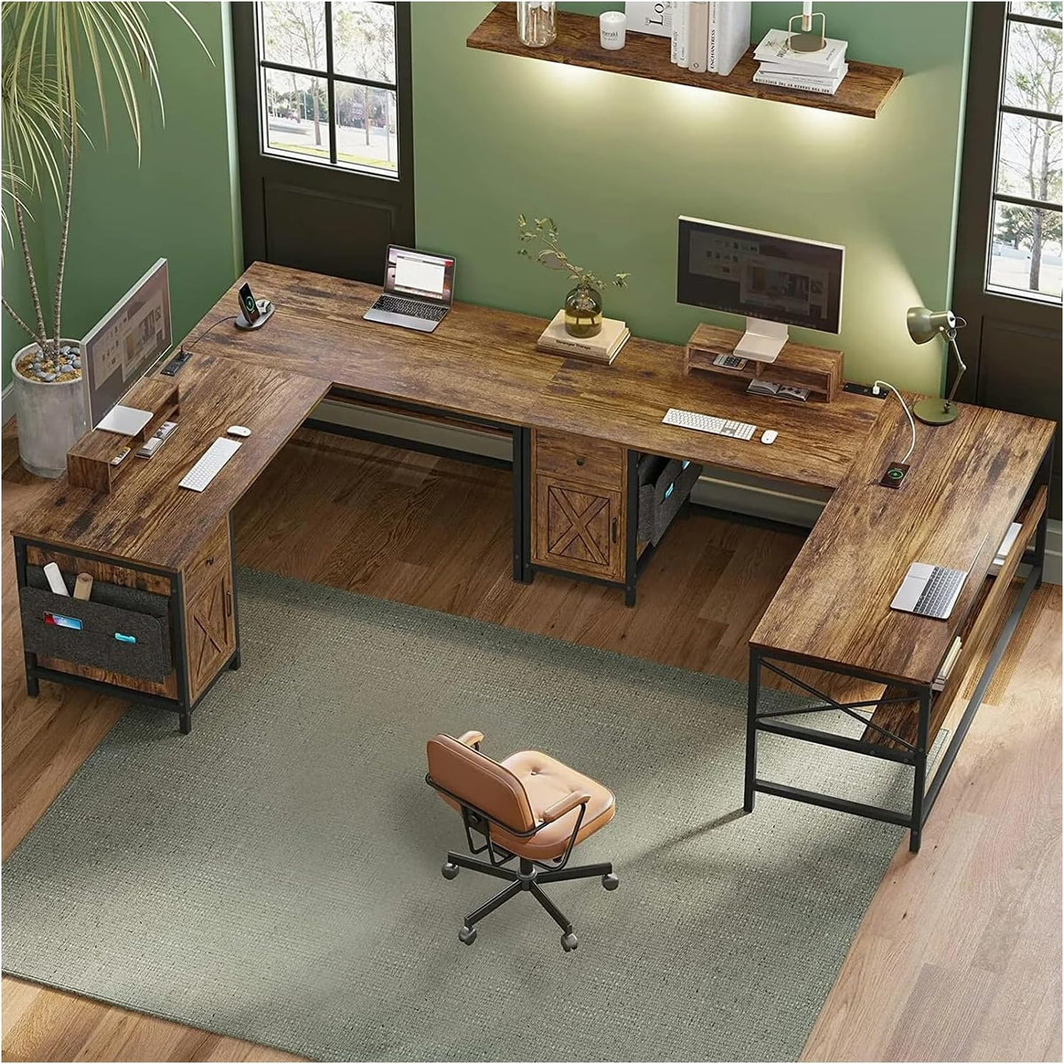 Rustic Brown L Shaped Computer Desk with Monitor Stand Storage Drawer Metal Wood 86.6”L x 19.7”W x 30”H H443