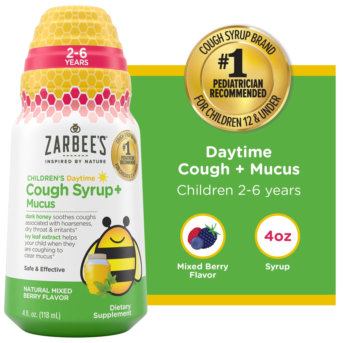 Kids Cough + Mucus Daytime with Honey, Ivy Leaf, Zinc & Elderberry, Mixed Berry, 4FL Oz J179385