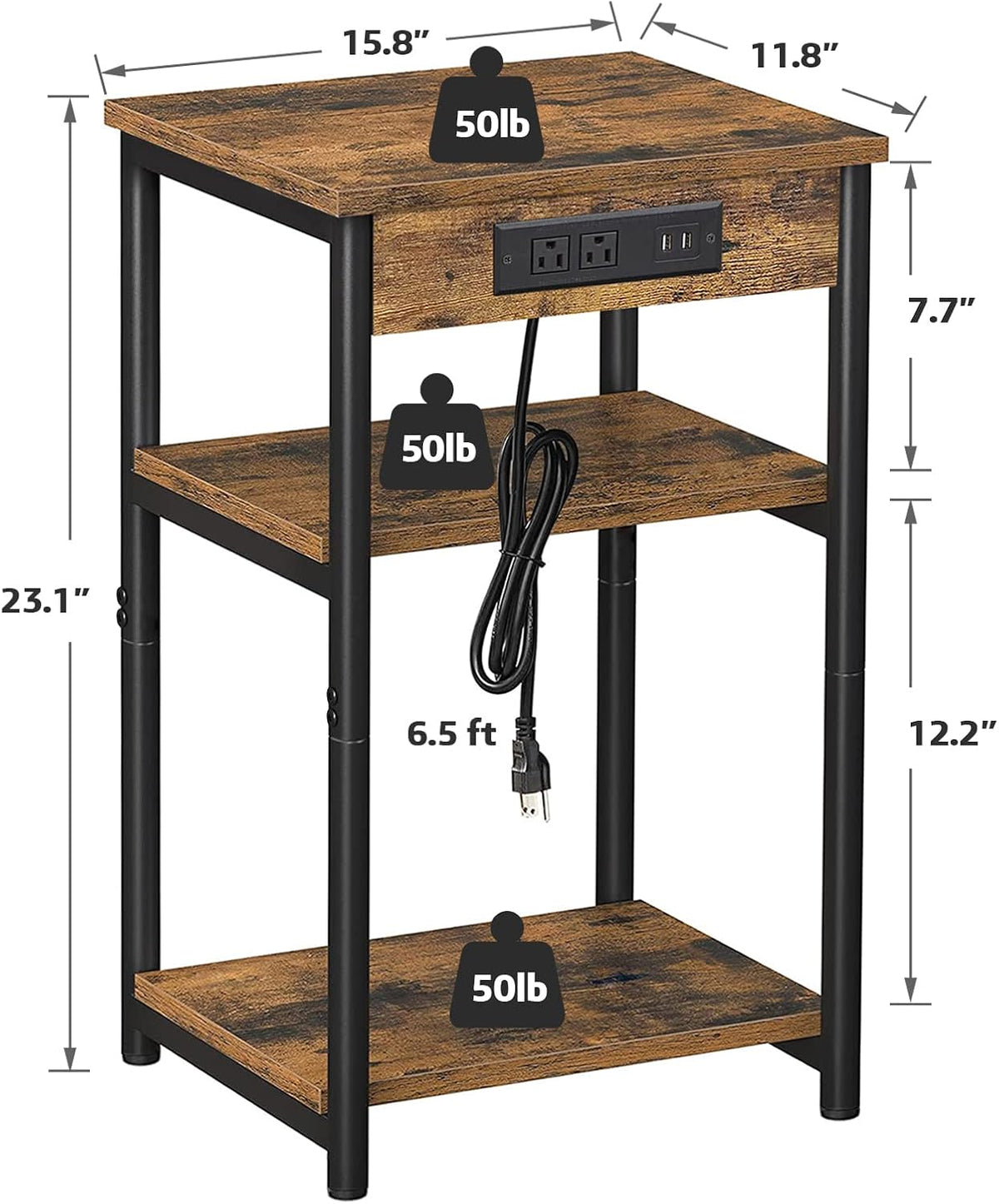 3-Tier End Table with Charging Station and USB Ports U1606