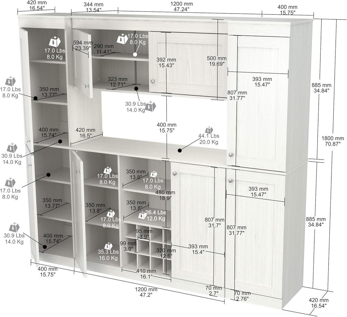 4-Piece Buffet Storage System with 2 Tall/Slim Cabinets, Washed Oak C90462