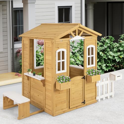 Fir Wood Outdoor Playhouse with Bench, Mailbox, Fence, Windows & Door E496