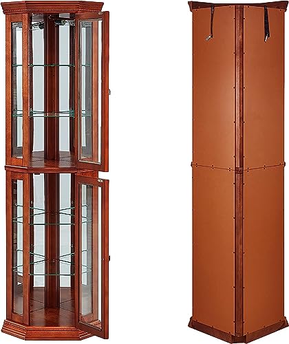 Walnut Wooden Corner Curio Cabinet with Adjustable Tempered Glass Shelves H143008