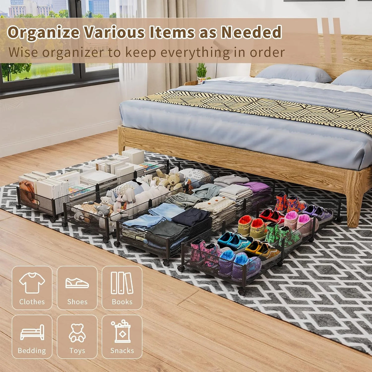 47.2'' Long Under Bed Storage on Wheels, 57.6L Large Capacity Foldable Drawers N64804