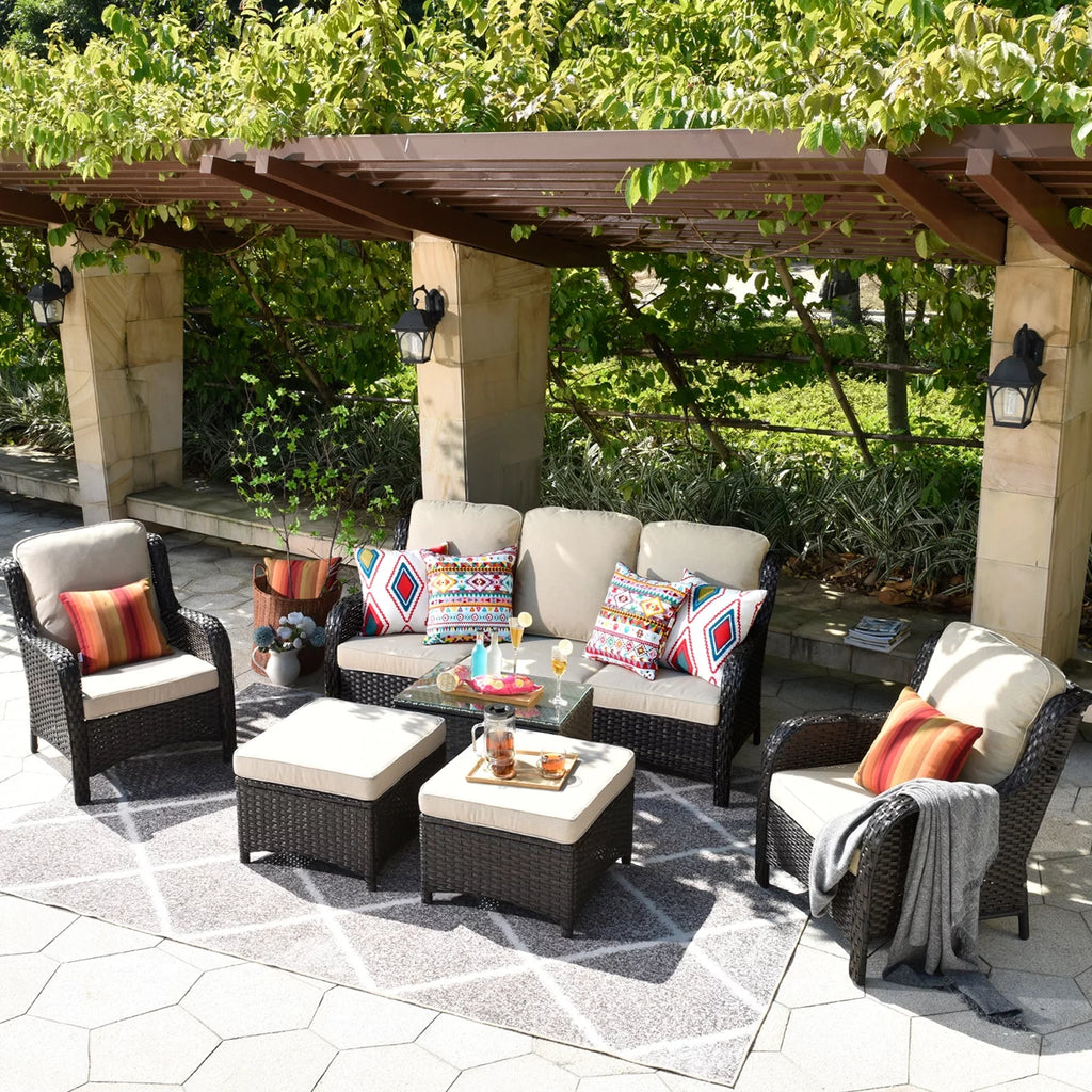6 Pieces Wicker Outdoor Patio Furniture Set with Cushions P58548