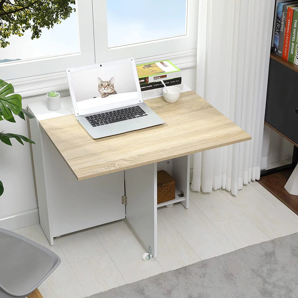 Folding Dining Table with 6 Wheels and 2 Storage Racks N908